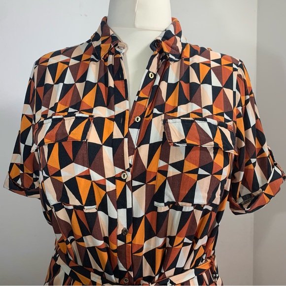 Dorothy Perkins Shirt Dress Orange Black Geometric Print Belted Rolled Sleeve 12 - Picture 5 of 13
